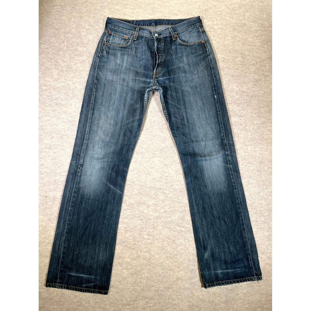 Levis 501 Original Fit Jeans Men 36x36 Blue Whiskered Denim Logo Cotton Mid Rise
